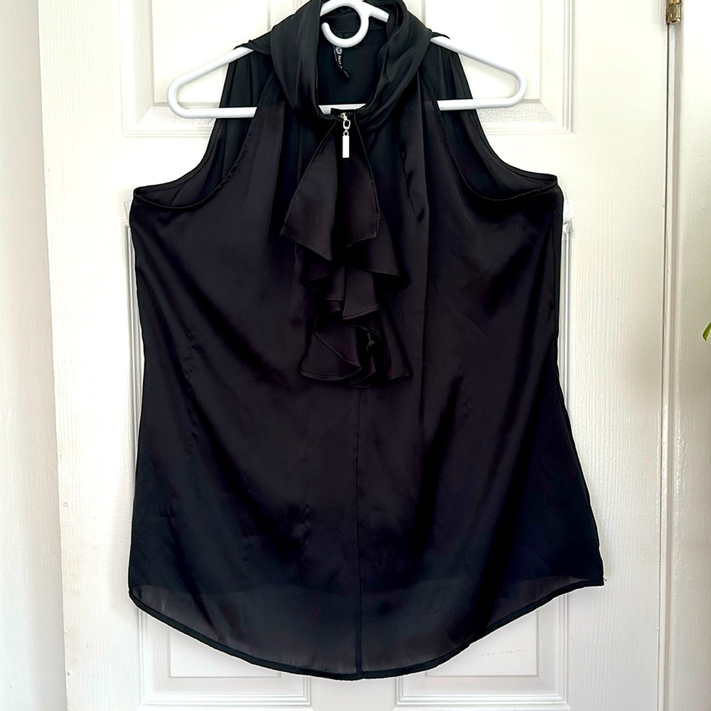 Sheer black blouse with zip front
